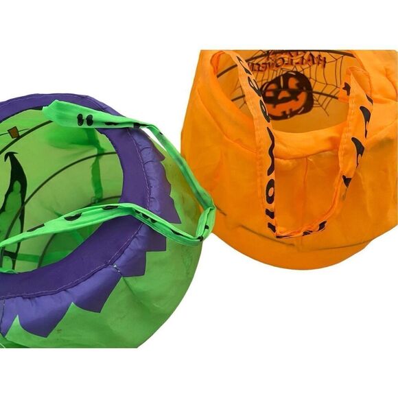 Lot Of 2 Collapsable Pumpkin Trick Or Treat Buckets Halloween Spooky Holiday - Picture 7 of 14